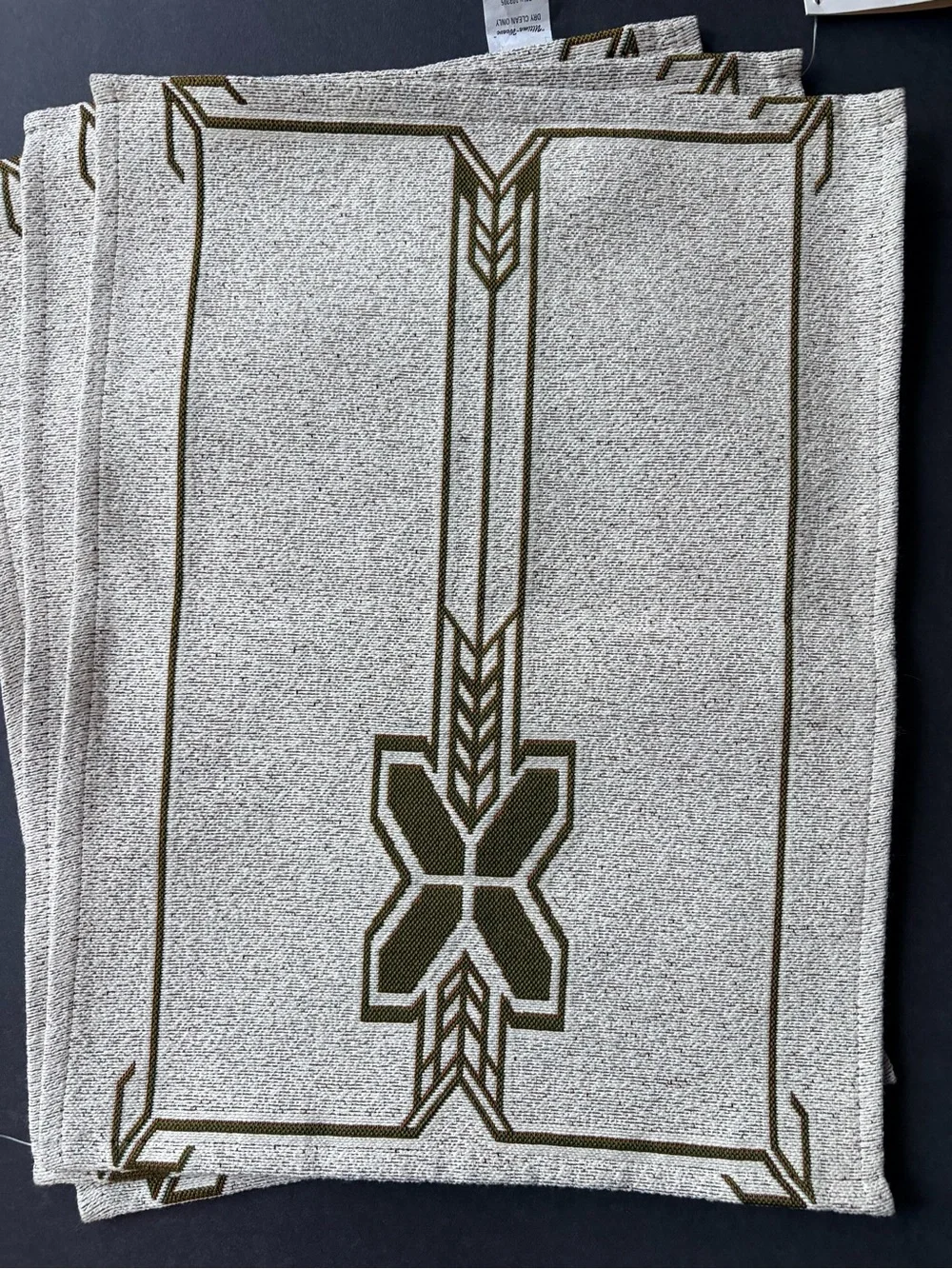 Set of Neutral Linen-Look Placemats with Olive Geometric Border